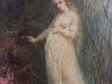 painting of a woman in a white dress standing next to a dog