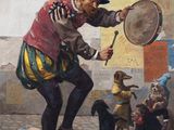 a painting of a man playing with dogs in a room