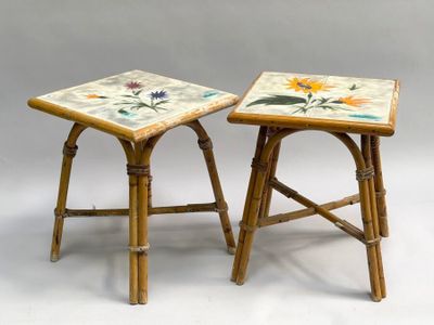 pair of bamboo stools with painted flowers and leaves on them