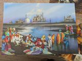 a painting of a group of people by the water