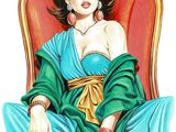 painting of a woman sitting in a red chair with a green dress