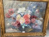 a painting of flowers in a vase on a table
