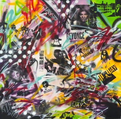 peinture représentant un tas d'autocollants sur un mur recouvert de graffitis