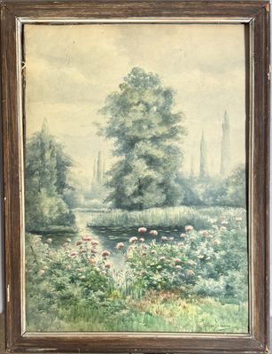 un tableau représentant un paysage avec une rivière et des arbres en arrière-plan