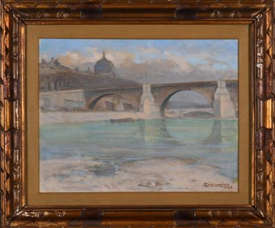 an oil painting of a bridge over a river with a building in the background