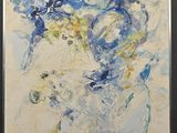 an abstract painting of blue and yellow flowers in a black frame