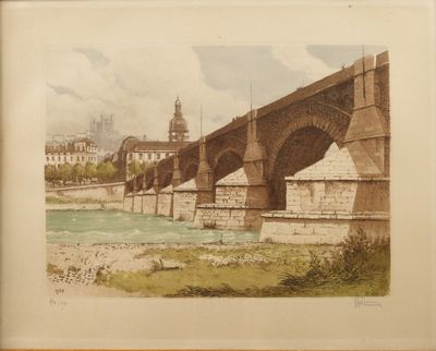 tableau représentant un pont sur une rivière, avec une tour horloge en arrière-plan