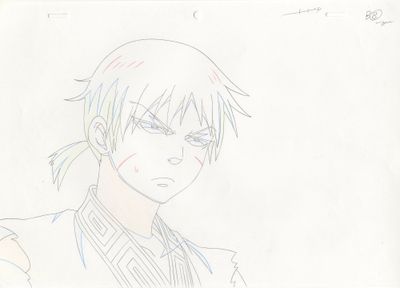 dessin représentant un homme portant une queue de cheval, en costume et cravate