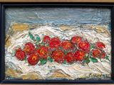 a painting of red roses in a black frame