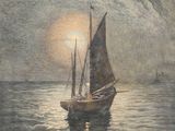 painting of a sailboat in the middle of a body of water under a cloudy sky