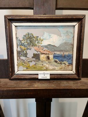 tableau représentant une maison au bord de l'eau, avec un arbre au premier plan