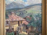 une peinture à l'huile représentant une maison dans un cadre champêtre, avec une montagne en arrière-plan