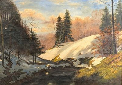 a painting of a stream running through a snowy forest