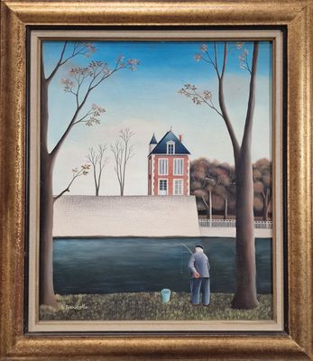 an oil painting of a man fishing in front of a house