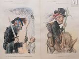 two illustrations of a man riding a horse and a woman riding a horse