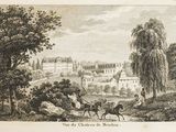 dessin représentant une vue de ville avec, au premier plan, un cheval et une calèche