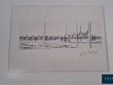 drawing of a line of boats in a body of water with a sky background