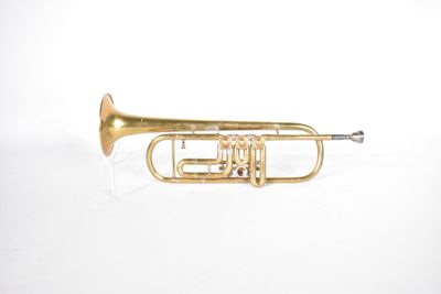 an old brass trumpet sitting on top of a white surface
