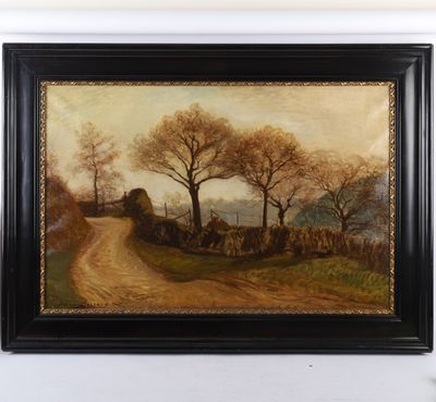 une peinture à l'huile représentant une route de campagne avec des arbres au loin