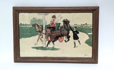 painting of a woman riding in a carriage pulled by a horse