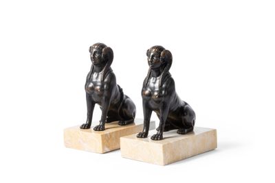 une paire de statues de chiens en bronze sur des socles en marbre, sur fond blanc