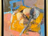 une peinture à l'huile représentant un bol de fruits et une cuillère posés sur une table