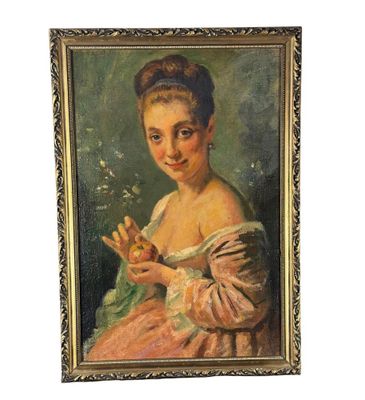 painting of a woman in a pink dress holding a flower