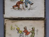 two paintings of children playing in the snow with a snowman