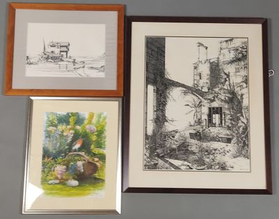 trois photos encadrées représentant une maison et une plante en pot, accrochées au mur