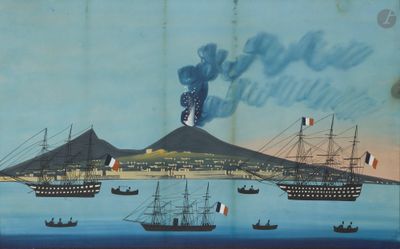 un tableau représentant des bateaux sur l'eau, avec une montagne en arrière-plan