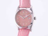 an image of a woman ' s watch with a pink leather strap
