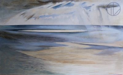 une peinture représentant un surfeur chevauchant une vague dans l'océan