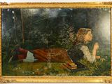 un vieux tableau représentant une femme allongée par terre dans une forêt