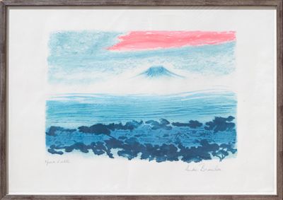 tableau représentant une montagne avec un ciel rouge en arrière-plan