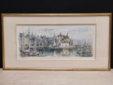 aquarelle encadrée représentant une scène de port avec des bateaux au premier plan