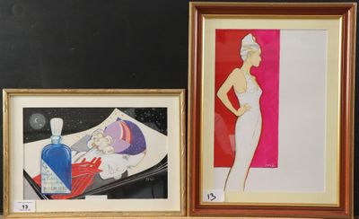 deux photos encadrées représentant une femme en robe blanche et une femme en robe rouge