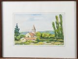 framed watercolor painting of a church in a rural setting