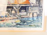 a watercolor painting of a boat in a body of water