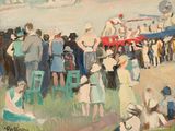 tableau représentant une foule de personnes debout sur une plage au bord d'un plan d'eau