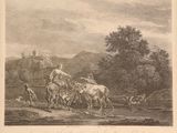 un dessin représentant un homme à cheval avec un troupeau de bovins