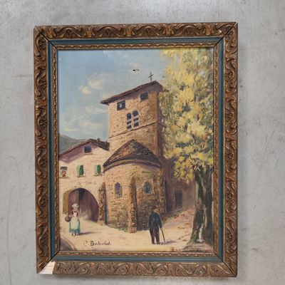 an oil painting of a church with a man and a woman standing in front of it