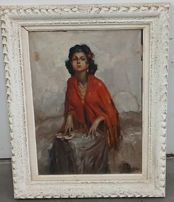 une peinture à l'huile représentant une femme vêtue d'un châle rouge, assise sur une table
