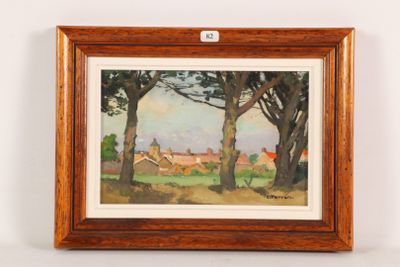 an oil painting of a landscape with trees and houses in the background