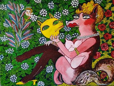 un tableau représentant une femme assise dans un jardin avec un chat