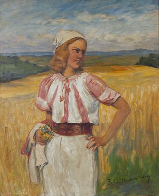 une peinture à l'huile représentant une femme debout dans un champ, les mains sur les hanches