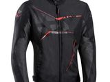 a black and red motorcycle jacket with a red stripe on the chest