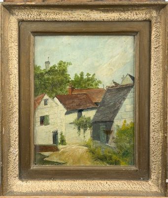 an oil painting of a white house with a red roof
