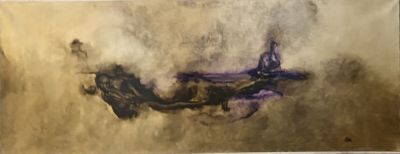 abstract painting of a horse in a field with a sky in the background