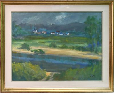 une peinture à l'huile représentant un paysage avec une rivière au premier plan