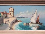 a picture of a painting of a boat on the water